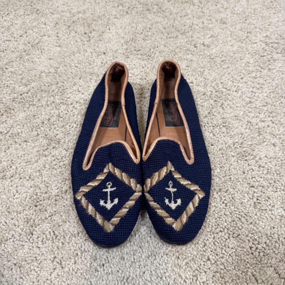 By Paige Needlepoint Shoes Womens 8 Navy Anchor Loafers Nautical Slip On Vintage
